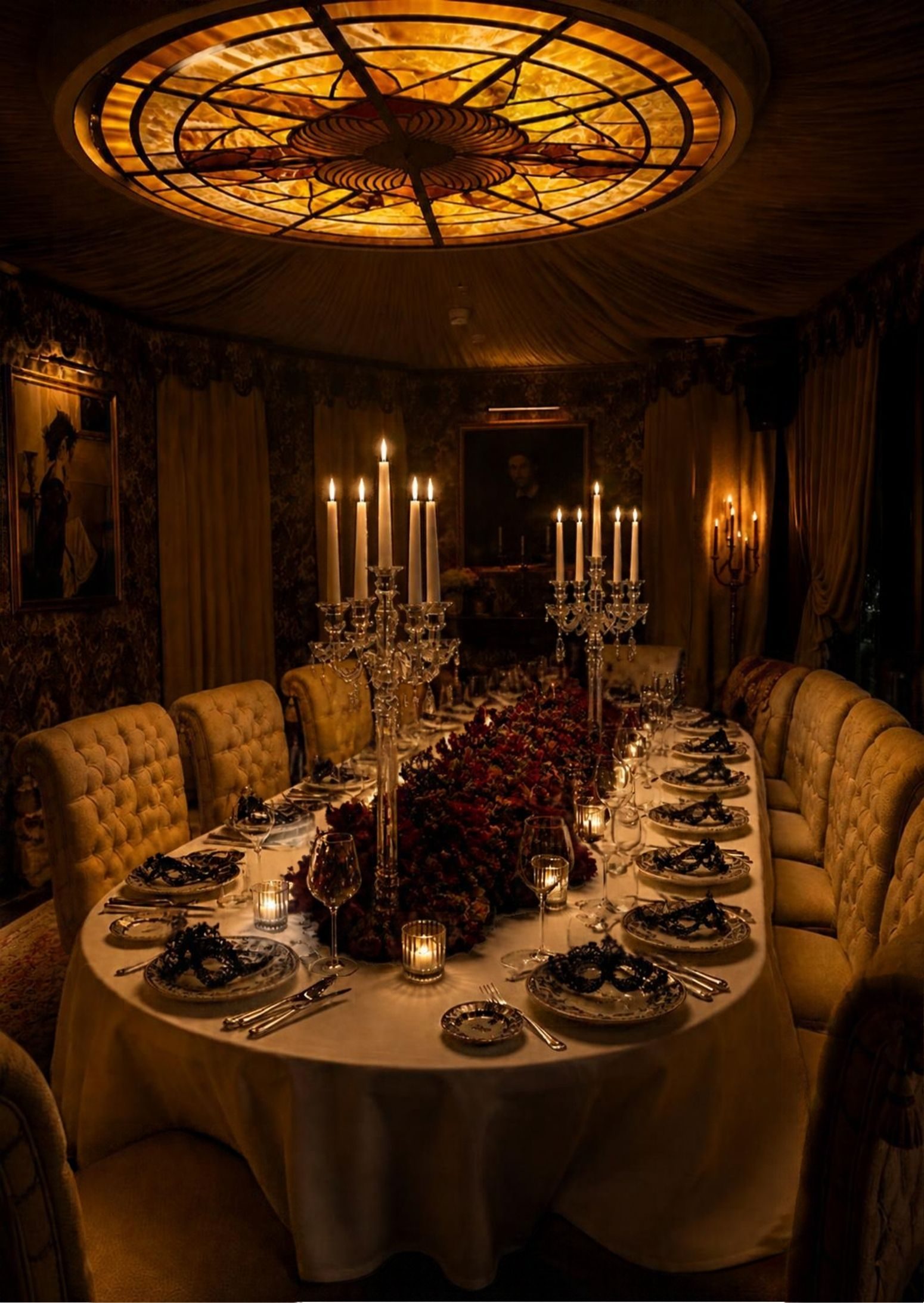 A candlelit table set with crystal candelabras, dark red flowers and a black lace mask on every plate, beneath a glowing stained-glass dome